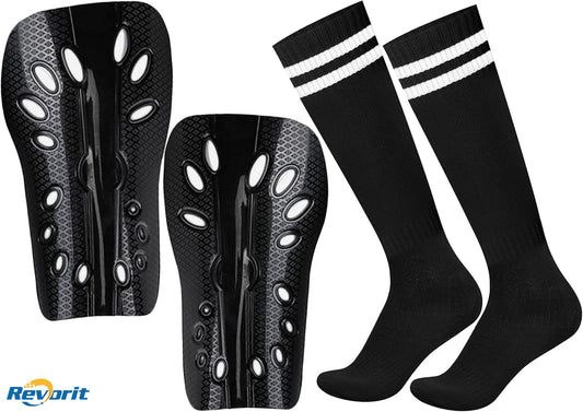 Revorit Adults Soccer Shin Guards and Socks Lightweight and Breathable Shin Guard Sleeves for Youth Football Player, Calf Protective Gear Shin Guards for Adults Football Games Equipment