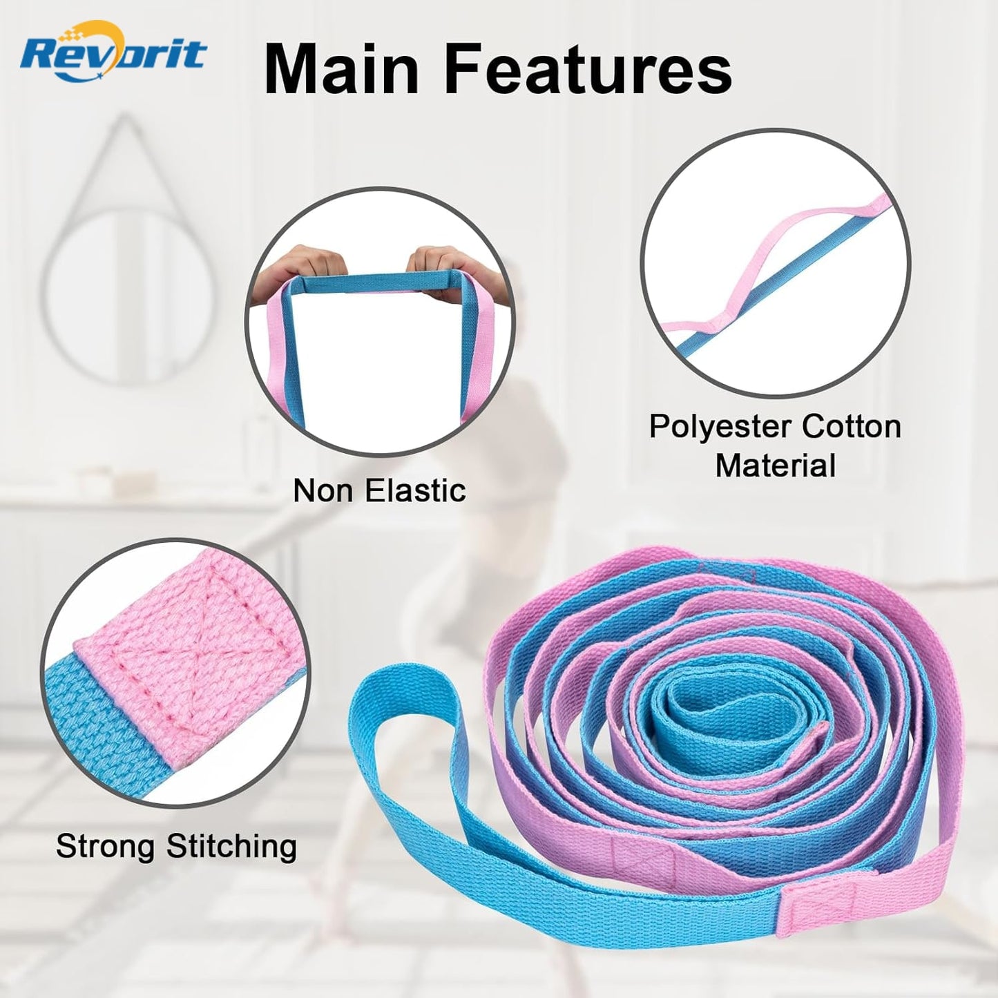 Revorit Yoga Strap for Stretching Inelastic Soft Polyester Cotton Stretch Out Band for Exercise, Yoga, Pilates and Dance for Men and Women
