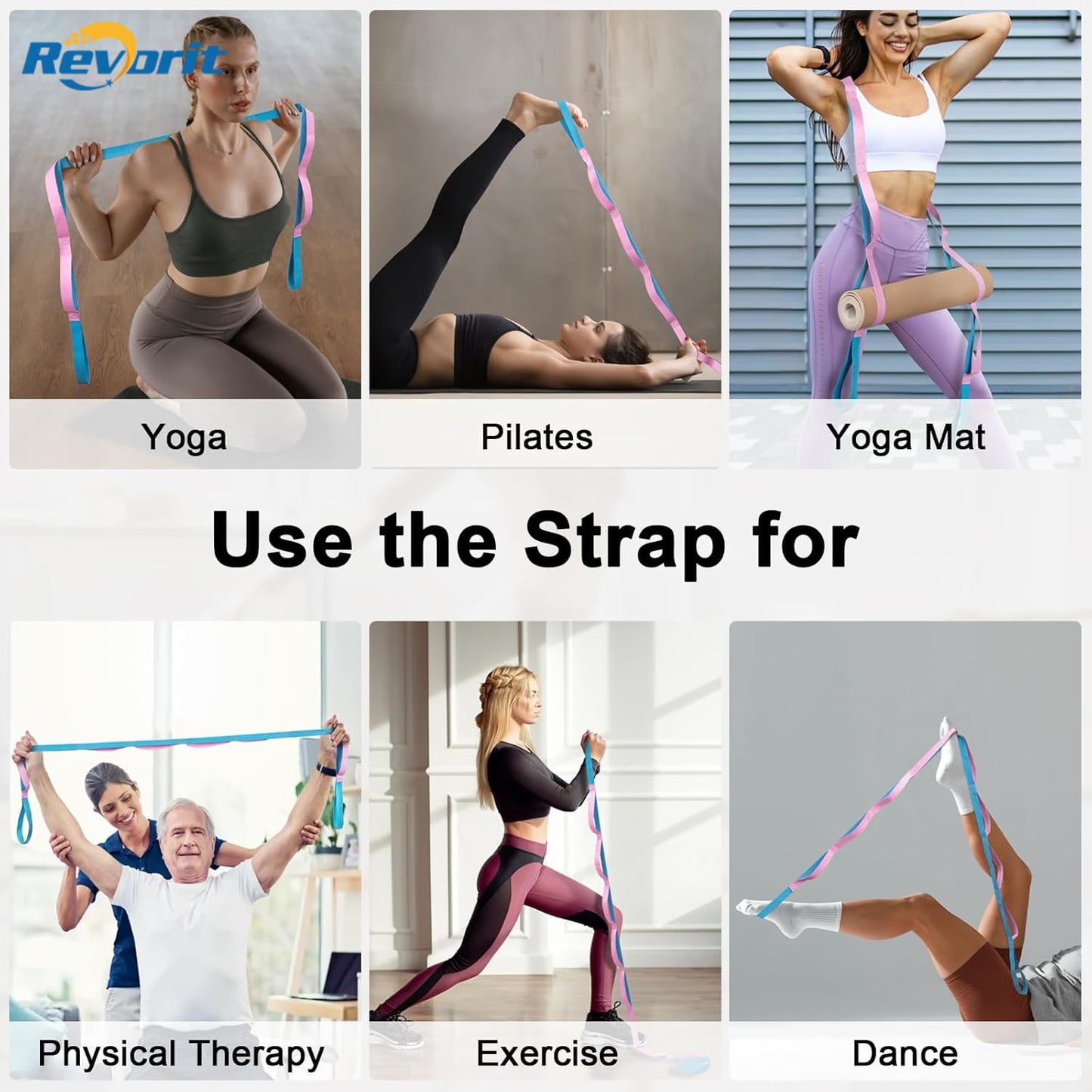 Revorit Yoga Strap for Stretching Inelastic Soft Polyester Cotton Stretch Out Band for Exercise, Yoga, Pilates and Dance for Men and Women