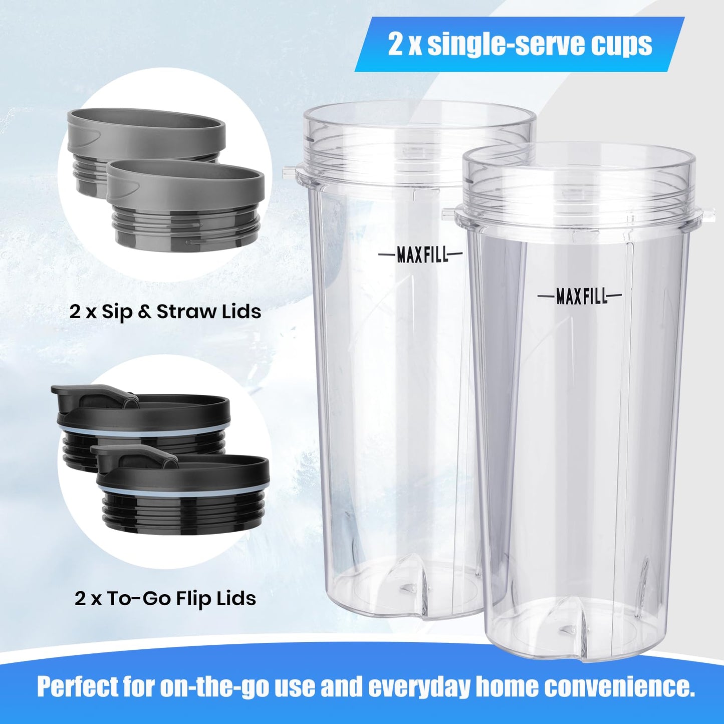Revorit Ninja Fit Blender Cups Replacement 16 oz Cups Kit with Sip & Straw Lids and To Go Lids QB3001SS BL660 BL770 BL740 BL810