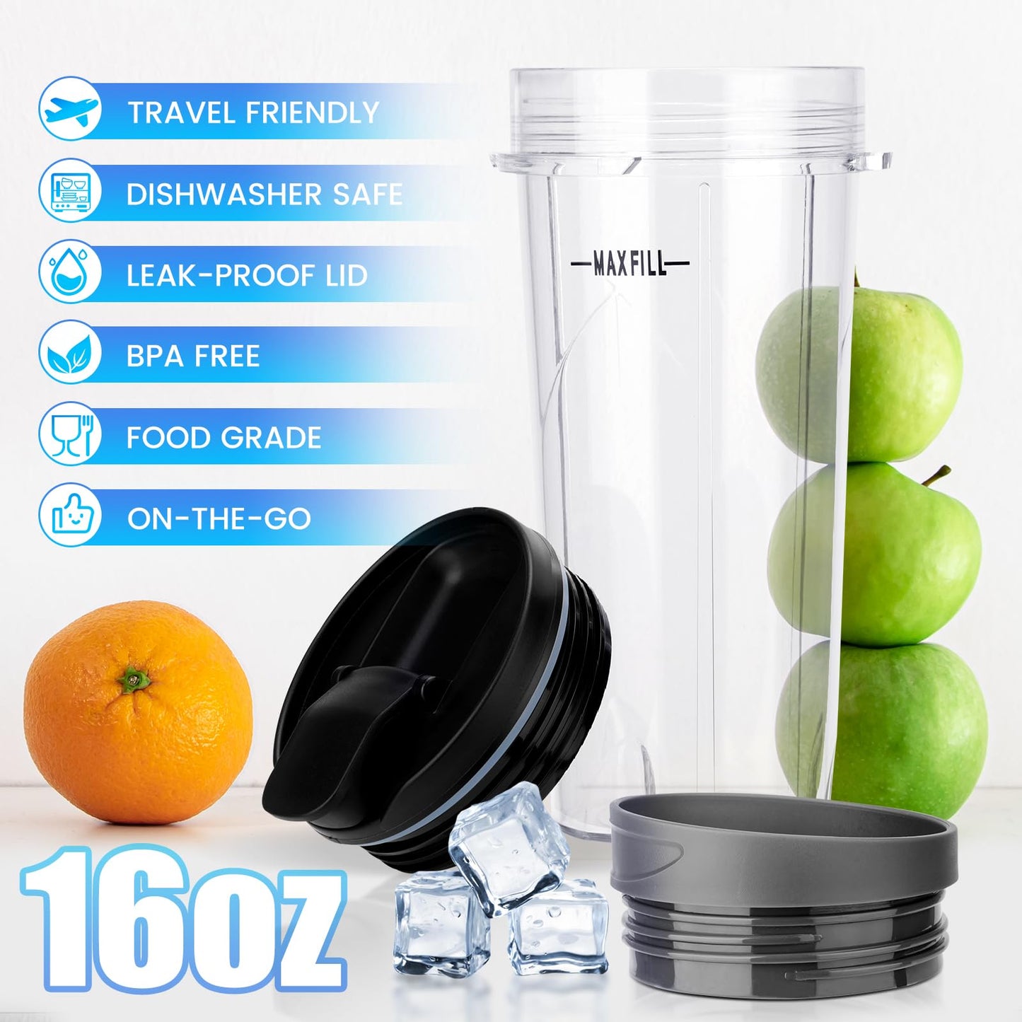 Revorit Ninja Fit Blender Cups Replacement 16 oz Cups Kit with Sip & Straw Lids and To Go Lids QB3001SS BL660 BL770 BL740 BL810